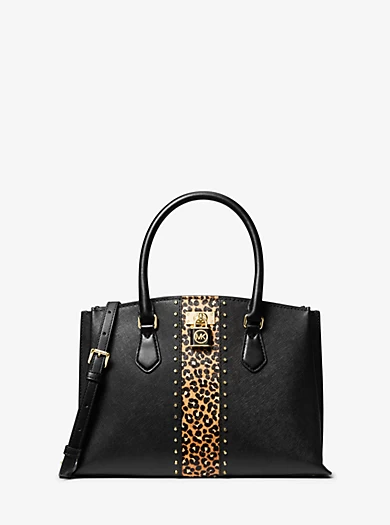 MICHAEL Michael Kors Ruby Medium Studded Leather And Leopard Print Calf Hair Satchel 3 MICHAEL Michael Kors Ruby Medium Studded Leather And Leopard Print Calf Hair Satchel